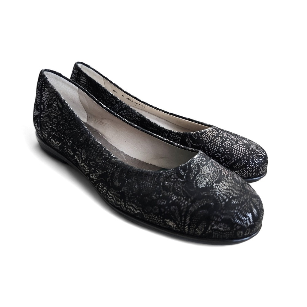 SAS Scenic Ballet Flats Womens 8.5 Black Metallic Lace Print Comfort Shoes FLAW